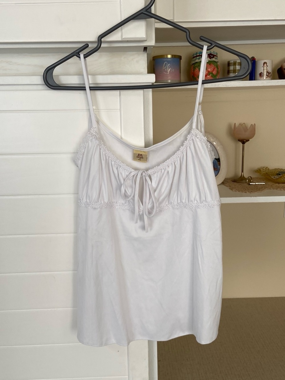 White lace trim cami top with tie front detail